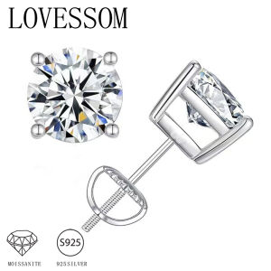 A pair of 925 sterling silver moissanite four-prong screw earrings a simple autumn/winter holiday gift for men and women.