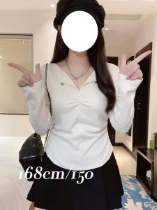 Autumn plus Size Womens Casual Slim Fit Solid Color T-Shirt Versatile Base Layer Top Trendy Korean Style Long Sleeve V-Neck