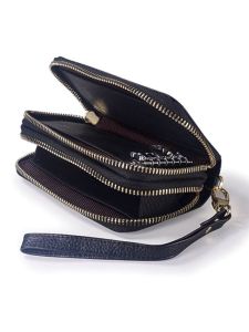 Kingge Top Layer Cowhide Double Zipper Large Capacity Multi-Function Key Phone Car Key Coin Card Driving License Bag