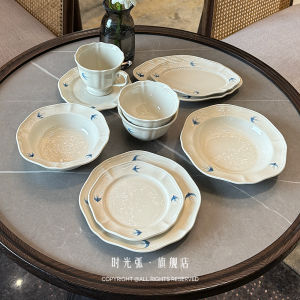 Japanese Style Hand-Painted Relief Swallow Dessert Plate Ceramic Underglaze Color Rice Bowl Set High Aesthetic Value Home Use