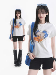 zuocisankon | Áo Thun Tay Ngắn Màu Trắng Phong Cách Retro Có Họa Tiết Chó Sóc