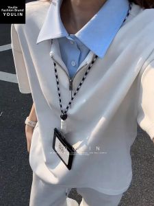 YOULIN | White American Style Mock Two-Piece Summer Half-Zip Cleanfit Mens Polo Shirt