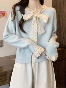 Blue Butterfly Knot Knitted Sweater Womens Spring Autumn Inner Shirt Unique Cute Milkiness Short V-neck Long Sleeve Top