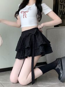 Ballet Style Half Skirt Women Summer High Waist Bow Knot Tie Fluffy A-Line Mini Skirt Anti-Light Skirt Pants Korean Style
