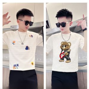 Summer Mens Short Sleeve T-Shirt Embroidered Pure Cotton Trendy Brand Breathable Casual round Neck Top Quality Korean Style