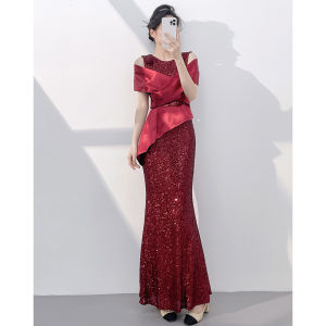 Wine Red Mermaid Sequin Evening Dress