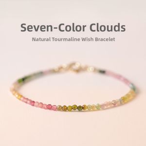 Natural Rainbow Tourmaline Bracelet Ultra-Fine Elastic Rope Stackable Womens Fashion Jewelry Lucky Charm Gift