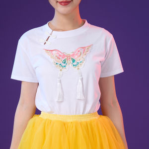 เสื้อยืดสไตล์แห่งชาติสมัยใหม่สองชั้น กระโปรงชั้น Performance เดรส เสื้อผ้าเด็กสไตล์เจ้าหญิง ผ้าฝ้าย โพลีเอสเตอร์