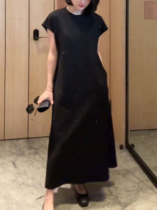 UYFY | ชุดเดรสยาวแขนสั้นคอตั้งสีดำ ทรงหลวม ทรงเอ สำหรับผู้หญิง ฤดูร้อน 2025 ชุดเดรสยาวแฟชั่นสไตล์ใหม่