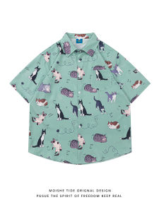 เสื้อเชิ้ตแขนสั้นลายแมว MOISHE TIDE สำหรับผู้ชายและผู้หญิง ทรงหลวมๆ สบายๆ แฟชั่นฤดูร้อน ผลิตจากผ้าโพลีเอสเตอร์
