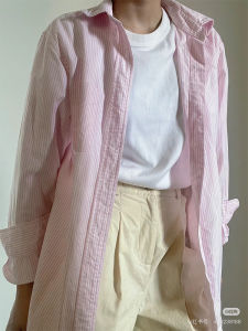 Casual Loose Cotton Oxford Cloth Shirt for Couples with Embroidered Pink Stripes Long Sleeve Polo Collar Commute Style Shirt