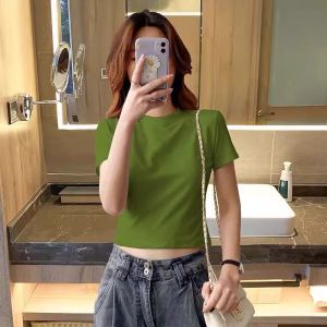 Slim Fit Short Sleeve T-Shirt Womens Short Style New Pure Color Versatile Slimming Top Summer Korean Version round Neck Tee