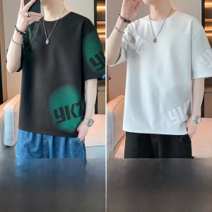 ROMON | Loose Fit Ice Silk Mens T-Shirt Short Sleeve Casual Quick Dry Sport Top Fashionable Round Neck Printed Polyester Romon