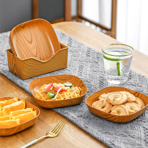 จานพลาสติก 4 pcs ทรงสี่เหลี่ยม ลายไม้ สําหรับใส่ขนมขบเคี้ยว ผลไม้ สไตล์ญี่ปุ่น Tableware plate