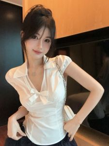 GUZILIAN | Elegant Anti-Aging Pure Desire V-Neck Bow Tie Slim Fit Short Sleeve Shirt Black Versatile Puffy Skirt Two-Piece Set