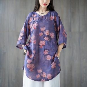 Chinese Style Vintage Oblique Placket Buckle Cotton and Linen Shirt for Women Mid Length Long Length Summer Casual Plus Size Younger Pattern Print Ramie Top