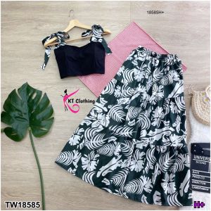 👗🌼 FF18585  Set 2 ชิ้น เสื้อครอป สายผูกไหล่ อกเสริมฟองน้ำ ผ้าไหมอิตาลี่ 🌵🌸