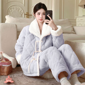 Thickened Coral Fleece Sleepwear Womens New Chinese Style Home Clothes Cotton Sandwich Autumn Winter Long Sleeve Warm Home Suit