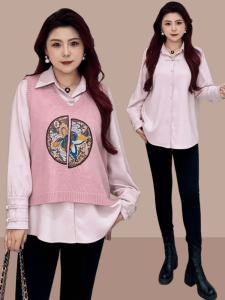 New Chinese Style Womens Shirt Vest Set Spring Autumn Slimming Button up Top Bottoms Two Piece Suit Korean Commute Pure Color