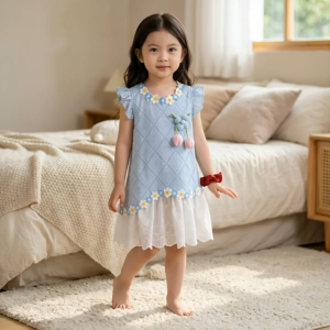 Elegant Girls’ Princess Floral Lace Dress – Light Blue/Pink (Ages 2–7)