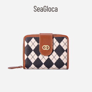 Seagloca ใหม่สไตล์เกาหลีผ้าใบลาย สก๊อตซิปหลายบัตรสองพับ กระเป๋าสตางค์สำหรับผู้หญิง