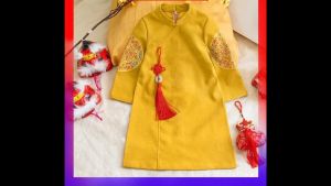 Áo dài bé trai chất liệu nhung chéo ốp tay áo dài tết cho bé trai đủ size