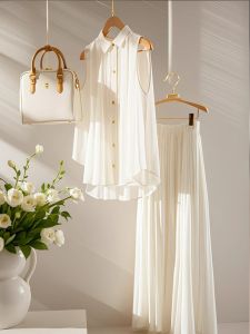 Fashionable Chypre Style Summer Chiffon Outfit Two-Piece Set Elegant Top Skirt Combo for Young Women Polo Collar Workwear