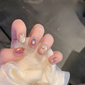 Colorful Hand-Painted 3D Cat Eye Gold Mirror Powder Line Rhinestone Short Dopaamine Pure Desire Personality Wearable Nails