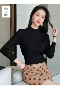 เสื้อสเวตเตอร์ถักคอสูงครึ่งตัวสั้นสำหรับผู้หญิง แขนยาว เสื้อชั้นใน ทรงเข้ารูป ฤดูใบไม้ร่วง/ฤดูหนาว เสื้อชั้นในถักแบบหนา