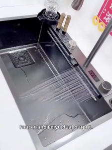 UMI 304 Stainless Steel Kitchen Sink Single Bowl With Faucet Knife Holder Tool Base Digital Display Button Kitchen Vegetable Basin Sink 11 Piece Set