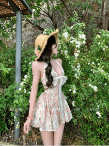 Váy Ngắn Cổ Chữ V Họa Tiết Hoa Cổ Điển Pháp Cho Nữ Cỡ Lớn Đi Biển Mùa Hè Váy Chữ a Không Tay Cạp Cao