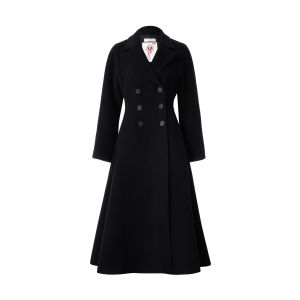 Elegant Waist-cinching Black A-line Sheep Wool Overcoat