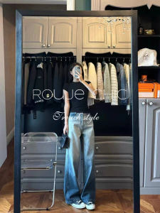 High Waist Wide Leg Jeans Womens Summer Slim Fit Washed Blue Denim Rouje Chic French Vintage Style Casual Straight Cut Pants