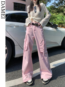 American Style Pink Multi-Pocket Work Pants Womens Retro Sweet Spicy Slim High Waist Casual Hot Girl Design Wide Leg Pants
