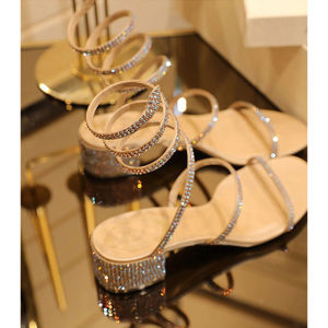 Fairy Style Womens Sandals with Diamond Snake Skin Pattern Cross Band High Heels Roman Wrap around Buckle Low Cut Breathable