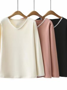 Áo Thun Nữ Tay Dài Cổ Chữ V Ren Viền Cỡ Lớn Mùa Xuân Thu Phong Cách Mới Mặc Trong Quần Áo Công Sở Thường Ngày
