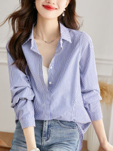 Elegant Pure Cotton Striped Shirt Womens Long Sleeve Commute Design Korean Style Loose Fit Button Detail Mid-Length Shirt
