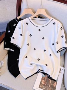 Plus Size Womens Clothing Summer New Arrival Plus Size Ladies Fashion Contrast Color Fashion Fashion Jacquard Short Sleeve Loose Ice Silk T-shirt Knitting Tops