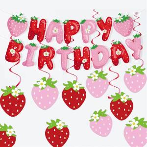 Strawberry Happy Birthday Banner Garland Cute Berry Theme Girl Party DIY Decoration Garden Supplies