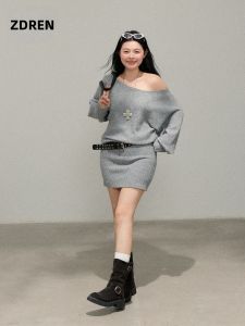 ZHANGDAREN | Đầm Sweater Dài Ngắn Bất Đối Xứng Trễ Vai