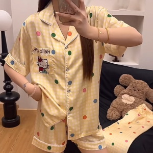 COD New Summer Young Womens Color Polka Dot 3-Piece Pajamas With Side Pockets Soft Loose Short-Sleeve Loungewear