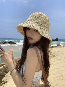 Summer Vacation Beach Straw Hat Womens Style Breathable Grass Woven Fisherman Hat Sun Protection Large Brim Hat Round Top