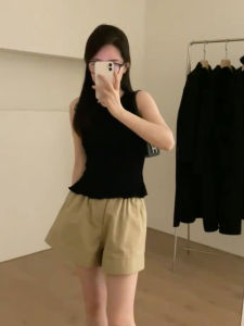 Quần Short Nữ Mùa Hè Thường Ngày Cạp Cao Màu Trơn Che Bụng Quần Ống Rộng Màu Kaki Quần Dài Thường Ngày Cho Nữ