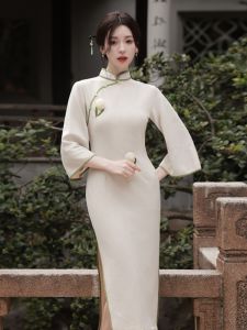 Elegant Slim Fit Cheongsam Long Sleeve Midi Dress Young Womens Style Daily Wear Spring Autumn Season Polyester Fabric
