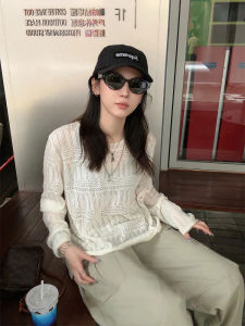 YUFUQING | Retro Lace Hollow Out Long Sleeve Round Neck Sunshade Cover Up Womens Summer New Design Loose Personality Top Polyester Fiber