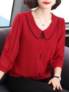 Casual Chiffon Top for Middle-Aged Mothers Spring Autumn New Style Seven-Sleeve Shirt Youthful Loose Fit Belly Covering Base Shirt