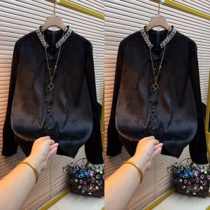 เสื้อเชิ้ตคอตั้งแขนยาวทรงหลวมสไตล์เกาหลีสำหรับผู้หญิงในฤดูใบไม้ผลิและฤดูใบไม้ร่วง ทรงหลวม ทรงเข้ารูป เสื้อเชิ้ตทรงพอดีตัว