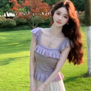 YUEZHONGWEI | French Style Square Collar Mini Sleeve Knitted Vest Women Summer Outerwear Slim Fit Short Length Dopamine Style Top