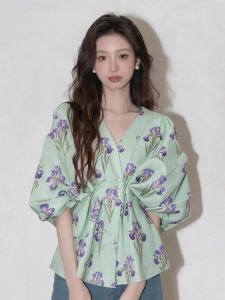KUNAILIN | Elegant Soft Style V-neck Purple Floral Shirt Waist Tying Bell-sleeve Blouse