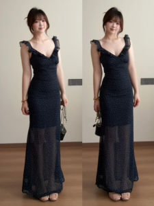 QINWEIYU | Blue Dots Elegant Fitted Long Dress